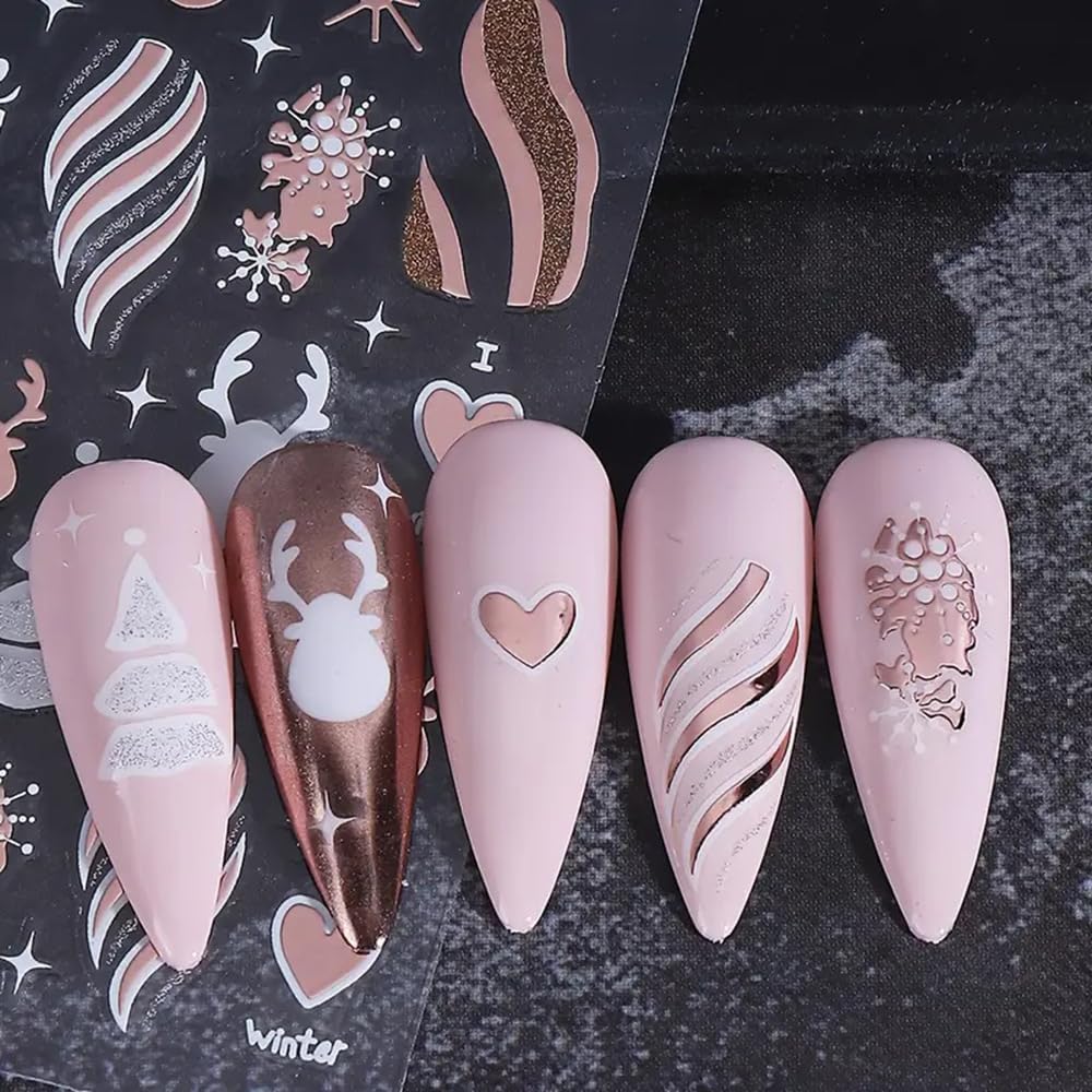 2PCS Christmas Nail Art Stickers, Winter Snowflake Reindeer Nail Stickers Christmas Gift Heart Pattern Self-Adhesive Nail Decals, DIY Nails Art Decoration, Festive Nails Supplies, Xmas Nails Charms