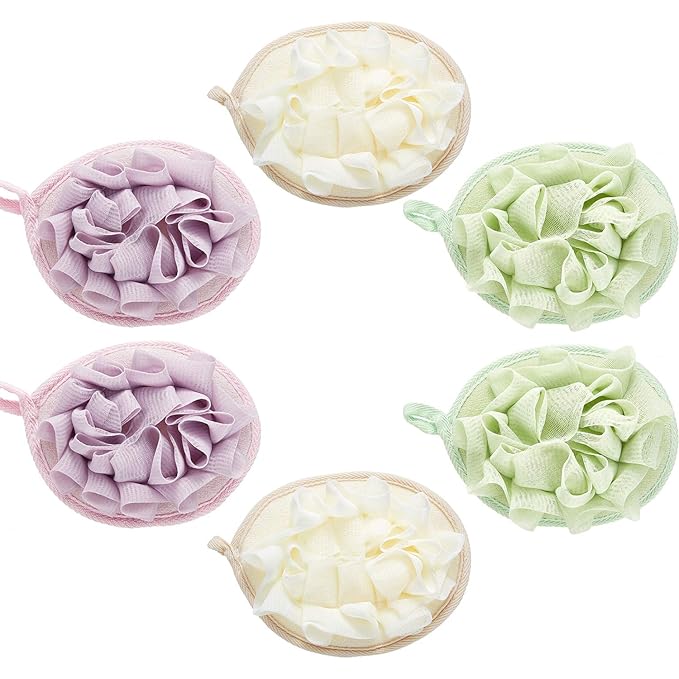 Boao 6 Pcs Bath Shower Pouf Sponge Mesh Pouf Shower Ball Exfoliating Body Sponge Pad Scrubber Glove with Flower Bath Ball (Beige,Green,Purple)