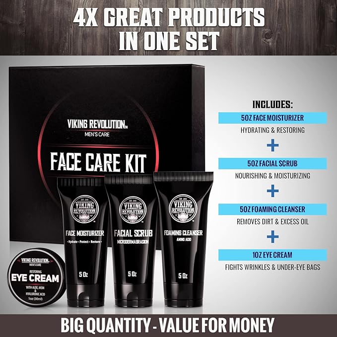 Viking Revolution Men's Facial Skin Care Kit - Includes Rejuvenating Face Moisturizer, Microdermabrasion Facial Scrub, Foaming Cleanser (5oz Each) and Eye Cream (1oz)