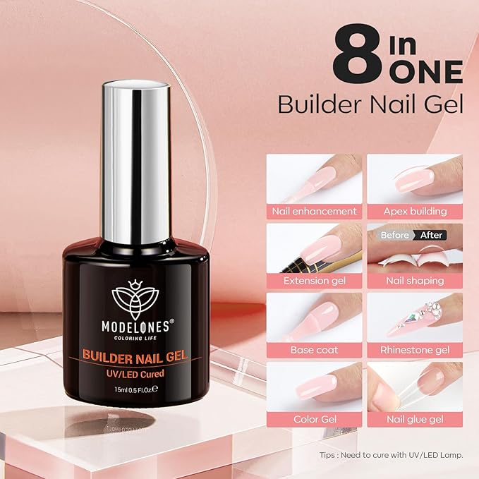 modelones Builder Nail Gel, 8-in-One Barely Pink Builder, Sheer Pink Rubber Base Gel Polish, LED Lamp Cured Color Base Hardener Strengthener Apex Building Extension for Girls DIY Salon Home