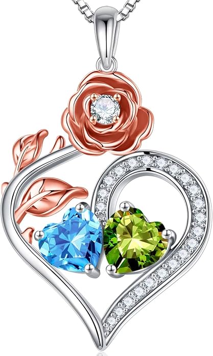 Iefil Rose Heart Birthstone Necklaces for Women - 925 Sterling Silver Double Birthstone Necklace, Anniversary Birthday Gifts for Women, Jewelry Gifts for Wife Her
