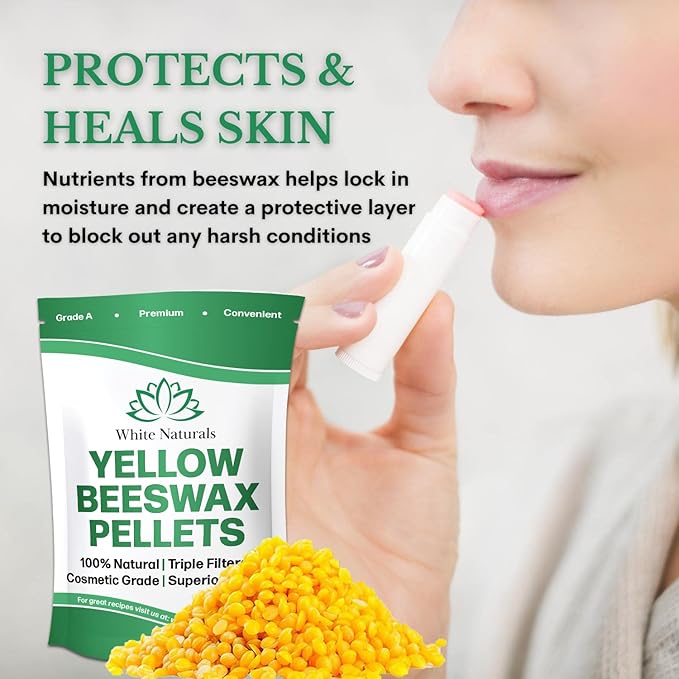 Yellow Beeswax Pellets 8oz, Pure, Natural, Cosmetic Grade, Bees Wax Pastilles, Triple Filtered, Great For DIY Lip Balms, Lotions, Candles By White Naturals