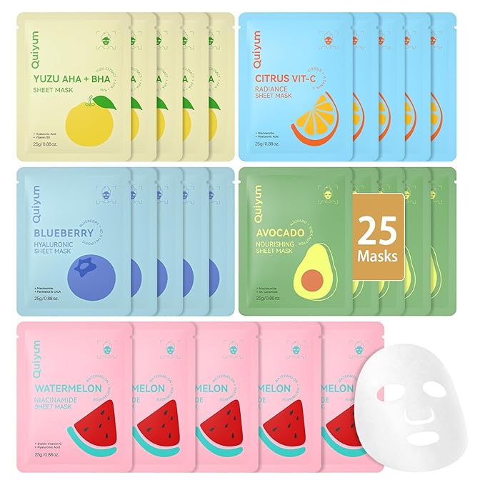 Fruit Face Masks Skincare, Facial Masks for Women, Skin Care for Teens 10-12, Sheet Masks Beauty with Natural Ingredients, Moisturize & Soothe for All Skin Type, Birthday Party Spa Gift 25 Pack