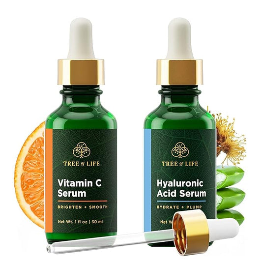 Tree of Life Beauty Facial Skin Care Set, Brightening, Firming, Hydrating, Dry Face, Dermatologist Tested - Vitamin C and Hyaluronic Acid Facial Serum - Skin Care Kit, 2 count of 1 Fl Oz
