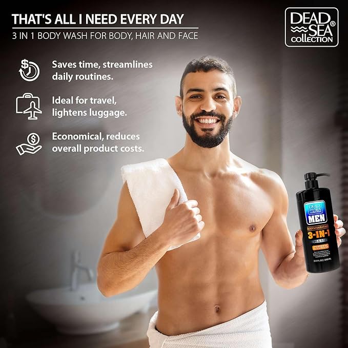 Dead Sea Collection Mens Body Wash 3 in 1 – Citrus Body Wash for Men – Shower Gel – Shampoo – Shower Soap for Face and Hair – Pack of 2 Bottles (33.8 Fl. Oz. Each)