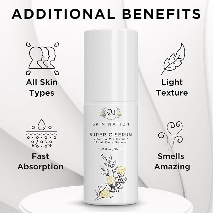 Skin Nation Super Hydrating Vitamin C Face Serum with Ferulic Acid, Aloe Vera, Rosehip Oil, Can Help Smooth Skin Texture and Supports Firmer Skin, for Dry and Sensitive Skin