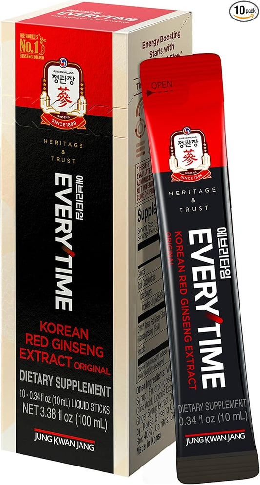 JUNG KWAN JANG Korean Red Ginseng Extract Everytime 3000mg | Sugar Free Energy Supplement, Ginseng Tea, Ginseng Supplement, Korean Food | Energy Boost, Stamina | 10 Count