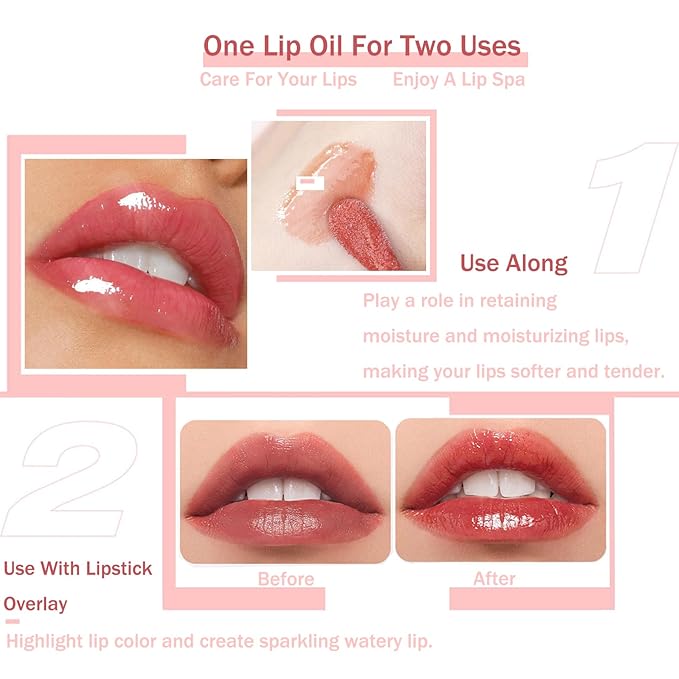 Plumping Lip Oil, Moisturizing Lip Glow Oil, Long Lasting Nourishing Lip Gloss Lip Balm, Non-sticky Transparent Toot Lip Oil Tinted for Lip Care and Dry Lip - Pink