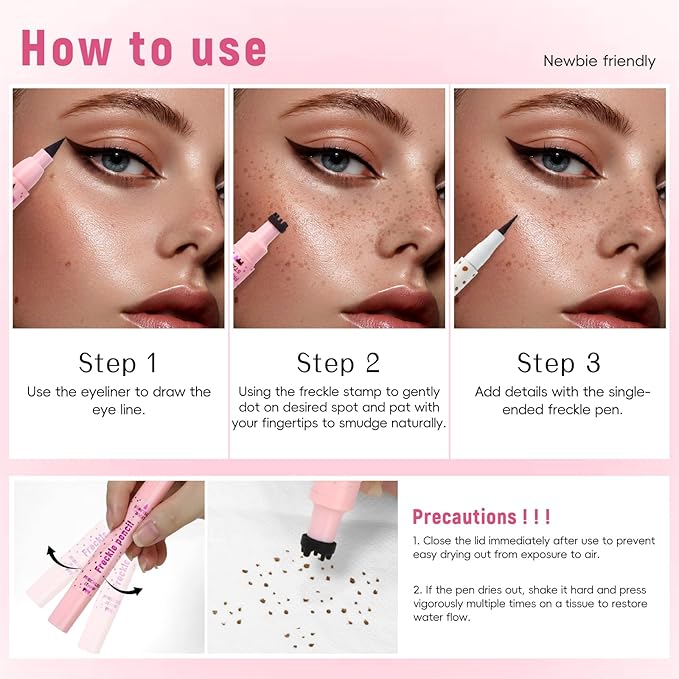 2pcs Freckle Stamp Pen with Eyeliner for Natural Lifelike Faux Freckle 2 in 1 Fake Freckles Stain Marker Pen for Waterproof Long Wear Sunkiss Makeup #Light Brown&Black