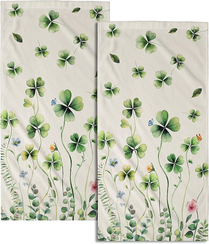 Giwawa St Patrick's Day Hand Towels Set of 2 Shamrock Floral Dish Towels Soft Absorbent Quick Dry Bath Towels for Kitchen Guest Gym Hotel Decor
