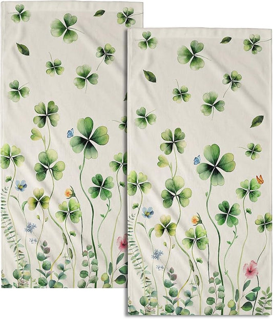Giwawa St Patrick's Day Hand Towels Set of 2 Shamrock Floral Dish Towels Soft Absorbent Quick Dry Bath Towels for Kitchen Guest Gym Hotel Decor