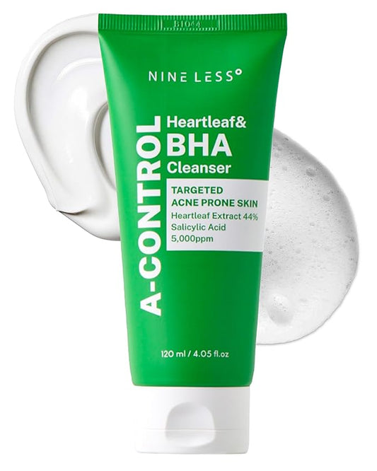 NINELESS A-Control Heartleaf & BHA Cleanser – Korean Exfoliating Face Wash with Salicylic Acid for Clear Skin – Blackhead Remover, Deep Pore Cleansing, 4.05oz.