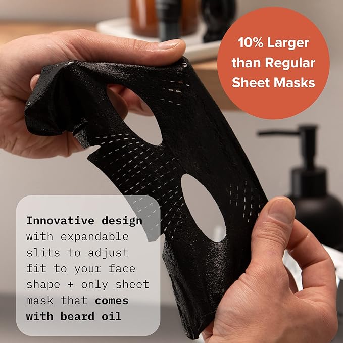 Cardon Charcoal Face Mask for Men with Beard Oil (4-Pack) | Ideal Stocking Stuffer for Men - Helps Detox, Hydrate, and Nourish with Anti-Aging Serum - Peel Off Mens Face Mask for Post Shave Soothing