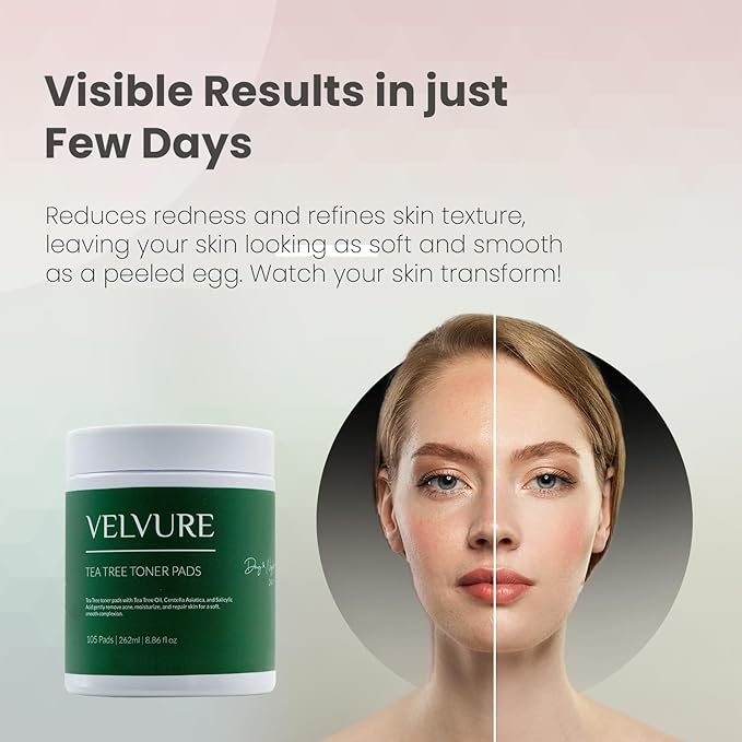 Tea Tree Toner Pads - 105 Pads - Well Soaked & Wet - Dual Sided - Saliclyic Acid - for Exfoliation, Hydration & Acne Treatment - Soothing Irritated Skin & Inflammation - for All Skin Types