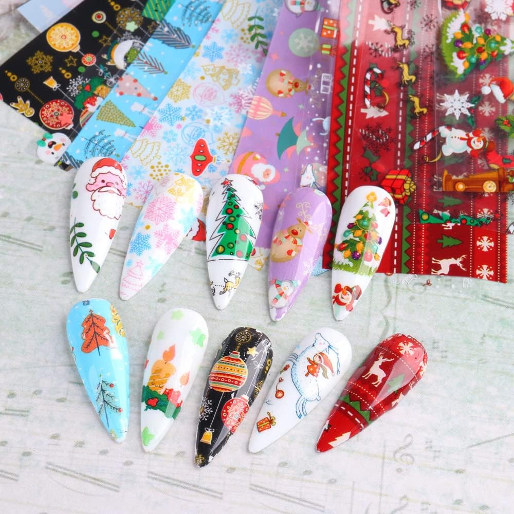 Christmas Nail Stickers Decals Nail Foil Transfer Sticker 10 Sheets Christmas Santa Tree Snowflake Deer Xmas Holiday Decorations Stickers for Manicure Supplies
