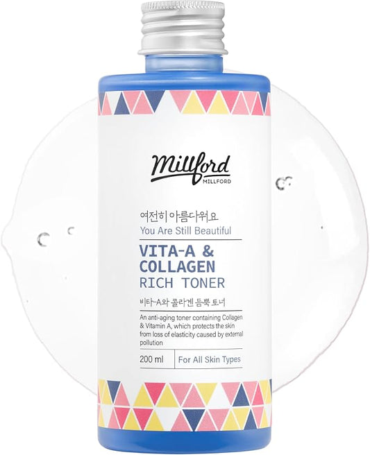 Vita A & Collagen Rich Toner 6.76 Oz, 200ml, Fish/Marine Collagen, Slow-Aging Moisturizing Toner, Vitamin A Retinol, Wrinkles, Fine Lines, Anti-Aging, Retinyl Palmitate, Korean Skincare