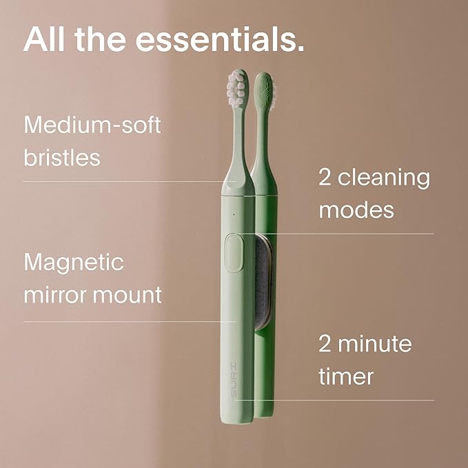 SURI 1.0 Sonic Electric Toothbrush with UV Cleaning Travel Case | 40+Day Battery | Designed in California | Electric Toothbrush for Adults | Travel Toothbrushes | Tooth Brush | Green