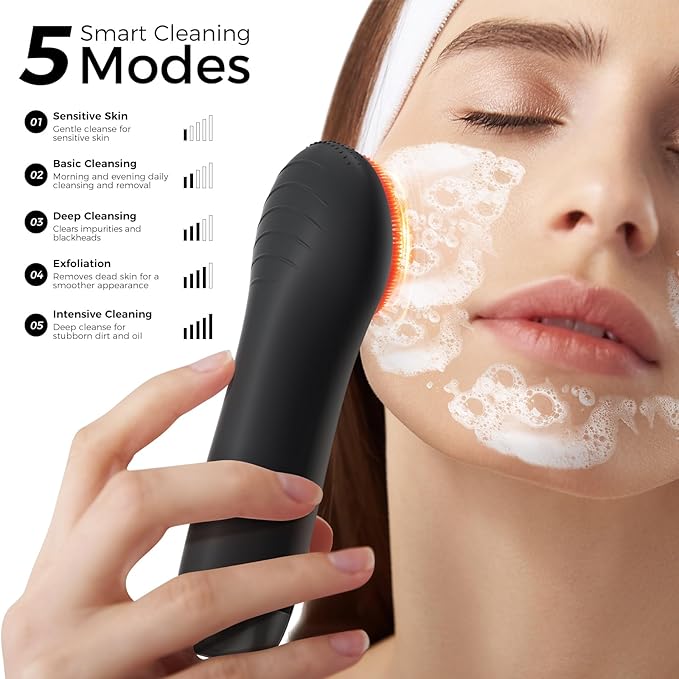 Facial Cleansing Brush: Rechargeable LED Electric Face Cleansing Brush with 4 Gentle Light Liquid Silicone Modes Face Scrubber Exfoliator,IPX7 Waterproof Ideal Gift for Men and Women-Black