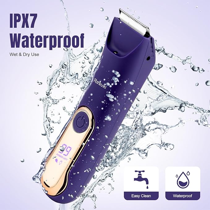 RESUXI Electric Bikini Trimmer for Women,Pubic Hair Trimmer Ceramic Blade Electric Razors Shaver for Underarm Leg Arm Body Hair Private Area,Wet/Dry IPX7 Waterproof Rechargeable LCD Display LED Light