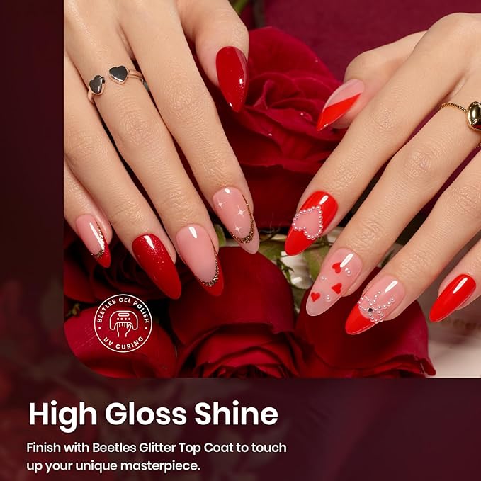 Beetles Red Gel Nail Polish Set with Top Coat, 6 Colors Popular Shimmer Red Burgundy Gel Polish Kit Nail Art Design Soak Off Uv LED Minicure DIY Home Gifts for Women