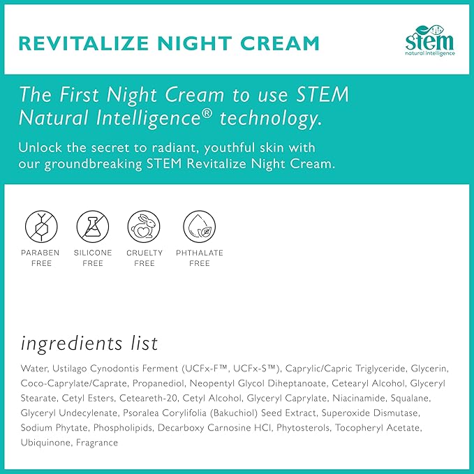 STEM Natural Intelligence Revitalize Night Cream, Facial Moisturizer, Luxury Skin Care, Face Moisturizer for Women, Peptides Serum, Antioxidant Support Overnight Face Mask & Cream, 1oz Bottle