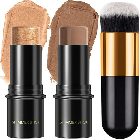 2Pcs Cream Contour Stick Makeup Kit, Cream Highlighter Stick and Bronzer Contour Stick with Longwear Waterproof Formula for Brightening and Trimming the Cheeks, Makeup Brush Include (#05, 10)