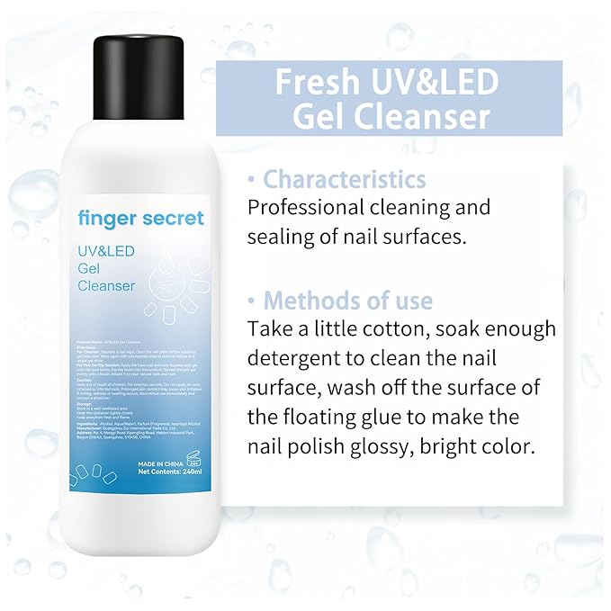 Gel Cleanser for Nails,finger secret Gel Nail Cleanser 240ml,Fresh UV&LED Gel Cleanser,Nail Surface Cleanser for Gel Nails,Nail Cleaning Solution for UV Polish Lacquer Care