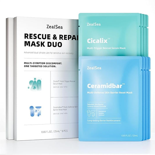 ZealSea Cicalix & Ceramidbar Face Masks Skincare Set, Derm Solution Sheet Mask for Multi-Trigger Sensitivity, Soothing & Calming, Strengthen & Restore Skin, Facial Mask with Cica & Ceramide, 16 Pack