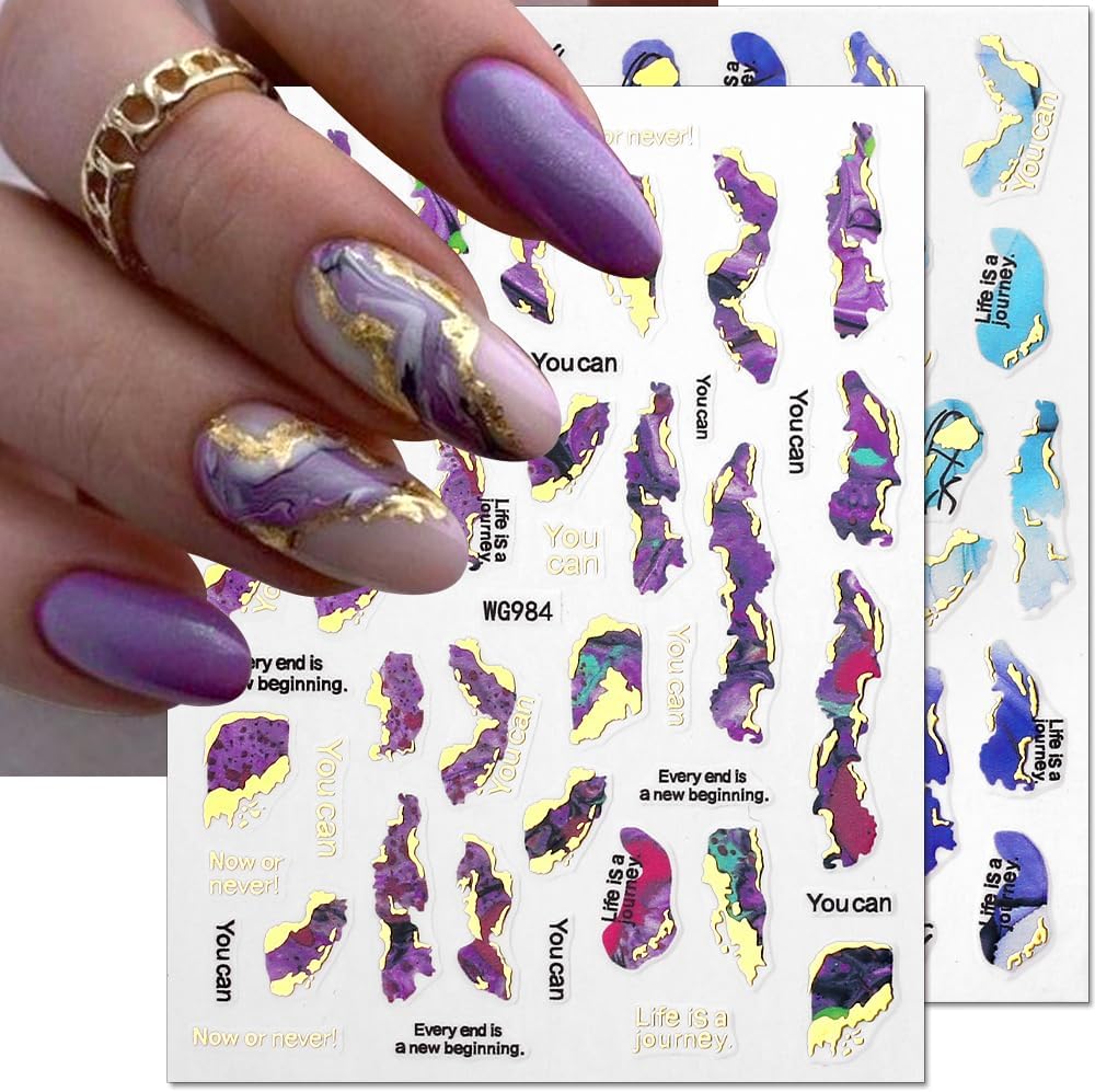 3D Marble Nail Stickers - 6 Color Marble Decals, Blooming Nail Art, Bronzing & Watercolor Smudge Resistant, Self-Adhesive Gold Foil Designs