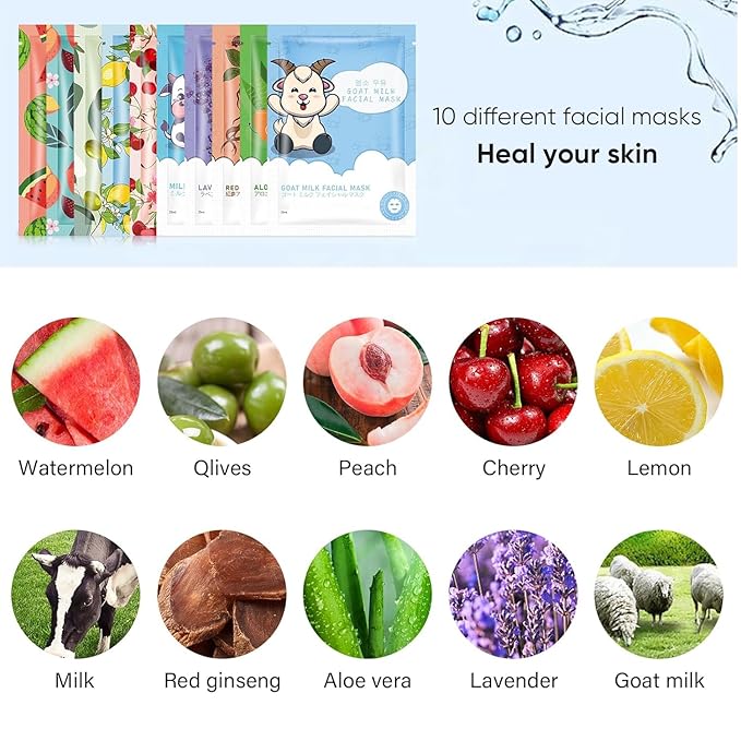 20 Sheets Face Masks Skincare,Hydrating Face Masks Suitable for All Skin Types,Facial Masks for Women Skin Care, Soothe and Moisture Face Sheet Masks for Spa