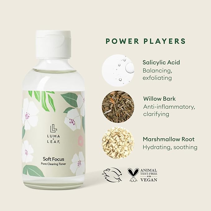 LUMA & LEAF Clearing Facial Toner 4 Oz - Natural Toner with Willow Bark, Salicylic Acid, Niacinamide, Marshmallow Root - Deep Nourishing Skin Toner for Blemish and Acne-Prone Skin