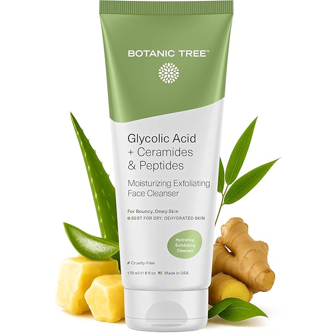 Botanic Tree Hydrating Glycolic Acid Cleanser - Exfoliating Face Wash - Face Cleanser for Women - Also with Ceramides & Peptides, Gently - for Dewy Bouncy Skin - 6oz
