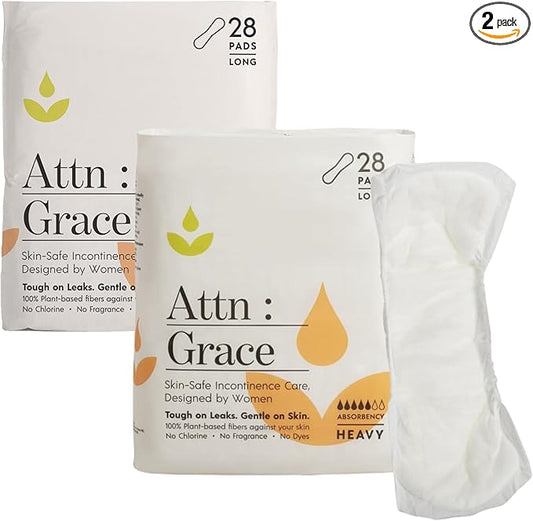 Attn: Grace Heavy Incontinence Pads for WomenWomen 2-Pack (56 Pads Total / 28 per Pack) - High Absorbency for Sensitive Skin | Protection for Heavy Bladder Leakage/Discreet, Breathable, & Plant-Based
