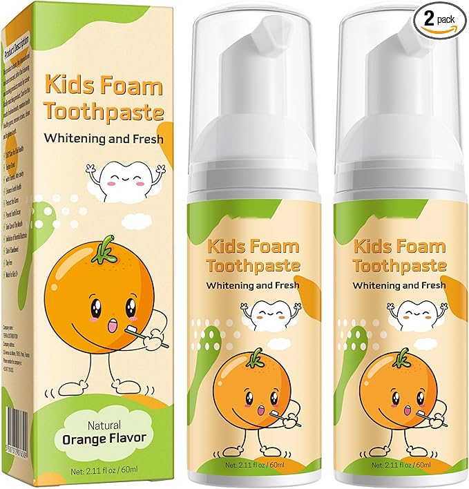 Foam Toothpaste Kids 2PCS, Toddler Toothpaste Cavity Protection, Clean and Whitening, 360ºCare, Portable, Kids Foam Toothpaste with Fluoride for Electric & U-Shape Toothbrushes (Orange)