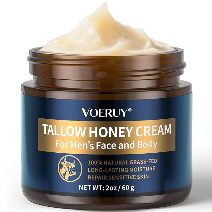 Mens Face Moisturizer Cream - Anti Aging & Wrinkle for Men with Tallow Balm & Raw Honey, Natural Grass-Fed Tallow Moisturizer for Face, Facial Skin Care & Eye Lotion - Day & Night, 2oz/60g