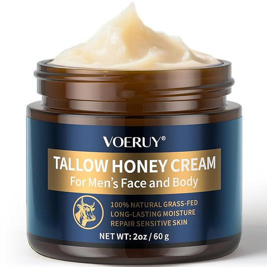 Mens Face Moisturizer Cream - Anti Aging & Wrinkle for Men with Tallow Balm & Raw Honey, Natural Grass-Fed Tallow Moisturizer for Face, Facial Skin Care & Eye Lotion - Day & Night, 2oz/60g
