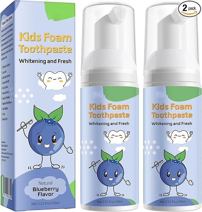 Foam Toothpaste Kids 2PCS, Toddler Toothpaste Cavity Protection, Clean and Whitening, 360ºCare, Portable, Kids Foam Toothpaste with Fluoride for Electric & U-Shape Toothbrushes (Blueberry)
