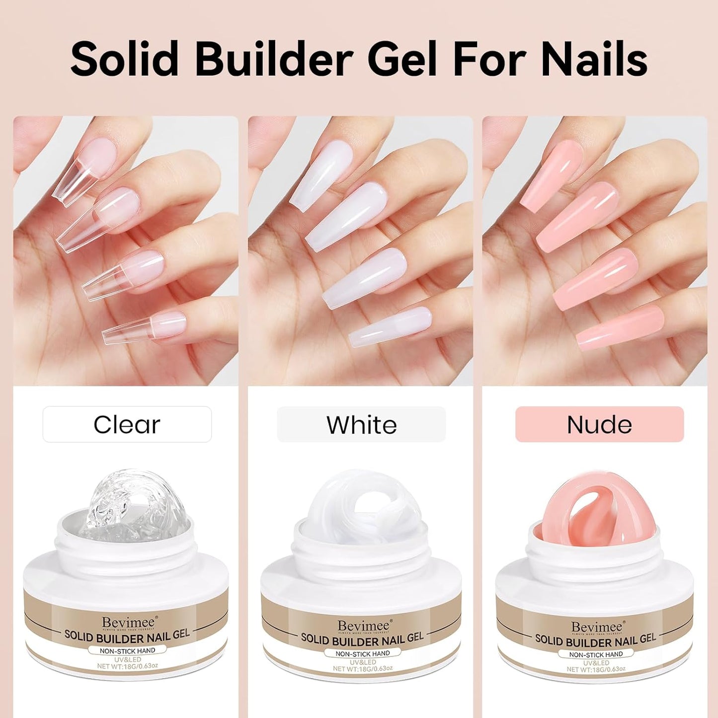 Solid Builder Gel for Nails 3PCS, 3D Hard Gel for Nail Art Sculpting Non-Stick Hand, Clear White Nude for Modeling, Sculpture, Nail Extension UV/Led Manicure DIY At Home 18g*3Colors