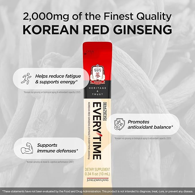 JUNG KWAN JANG Everytime Korean Red Ginseng Extract Stick 2,000mg Signature - Adaptogen Energy Drink, Liquid Stick Supplements with Propolis - Energy Boost & Immune Support, Caffeine Free (30 Sticks)