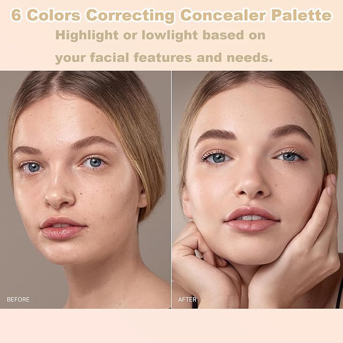 6 Colors Correcting Concealer Palette, 6 In 1 Contour Palette with 2 Packs Brush, Makeup Palette Contouring Foundation Color Corrector Palette, Color Corrector for Dark Circles, Blemish, Acne
