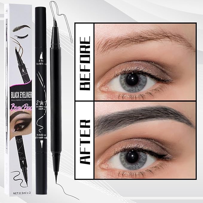 Curved 2 Tip Eyebrow Pen-Black Eyebrow Pencil With Black Eyeliner 2-in-1 Dual-Ended Create Natural Hair-Like Brows,Waterproof,Smudge Proof,Long Lasting All-Day