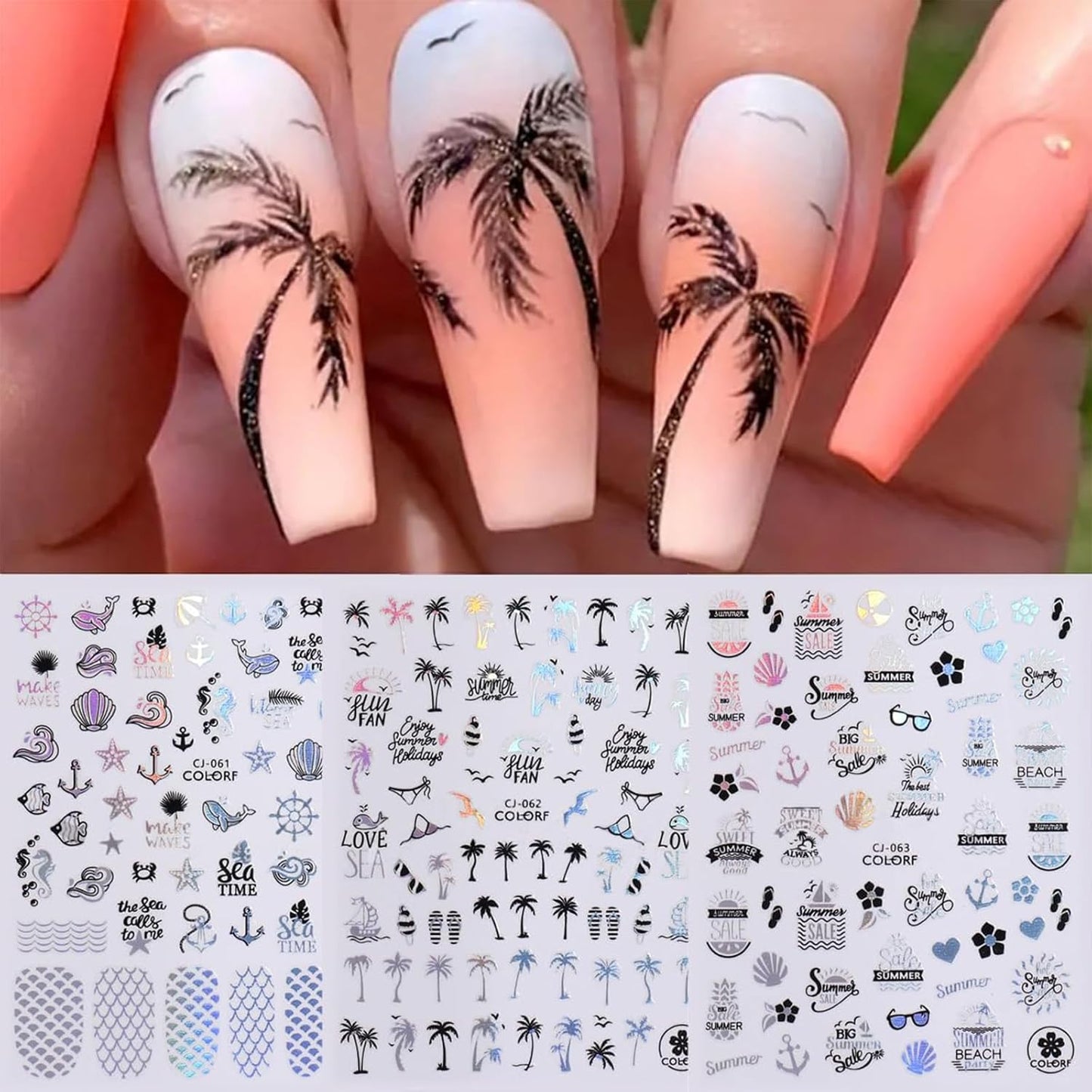 Summer Nail Art Stickers 6 Sheets Shell Nail Decals 3D Self-Adhesive Nails Design Accessories Palm Tree Jellyfish Mermaid Stickers for Women Nails Decoration