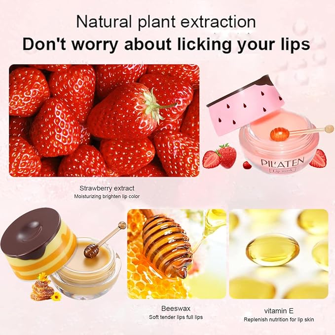 Strawberry & Honey Lip Balm, Vitamin E Lip Masks & Moisturizing Propolis Sleeping Lip Mask, Effective Reduces Lip Lines Prevention Dry and Cracked Lip Scrubs Exfoliator Smoothing Dry Lip Care