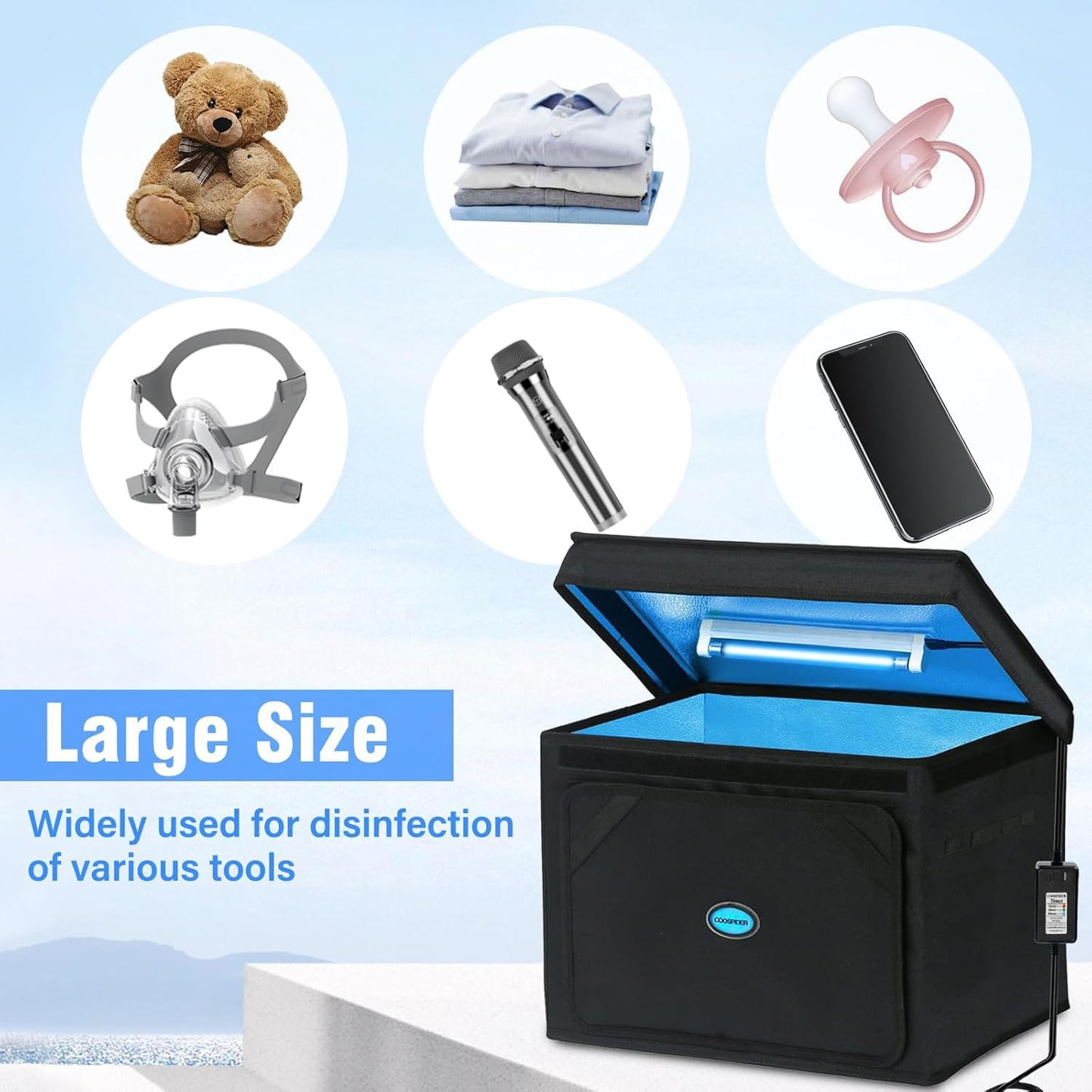 Large UVC Sanitizer Box Ozone Free, Foldable Cleaner Bag with Timer, 36L/9.5gal UV Light Bulb Black Tote for Shoes, Cell Phone, Baby Bottle, Key, Towel
