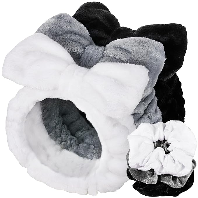 LEOBRO Spa Headband for Skin Care and Makeup, Women Teen Girls Headband for Washing Face, with Hair Bands, Hair Scrunchies, Black & White & Gray