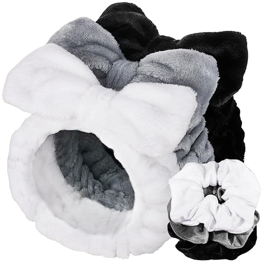LEOBRO Spa Headband for Skin Care and Makeup, Women Teen Girls Headband for Washing Face, with Hair Bands, Hair Scrunchies, Black & White & Gray