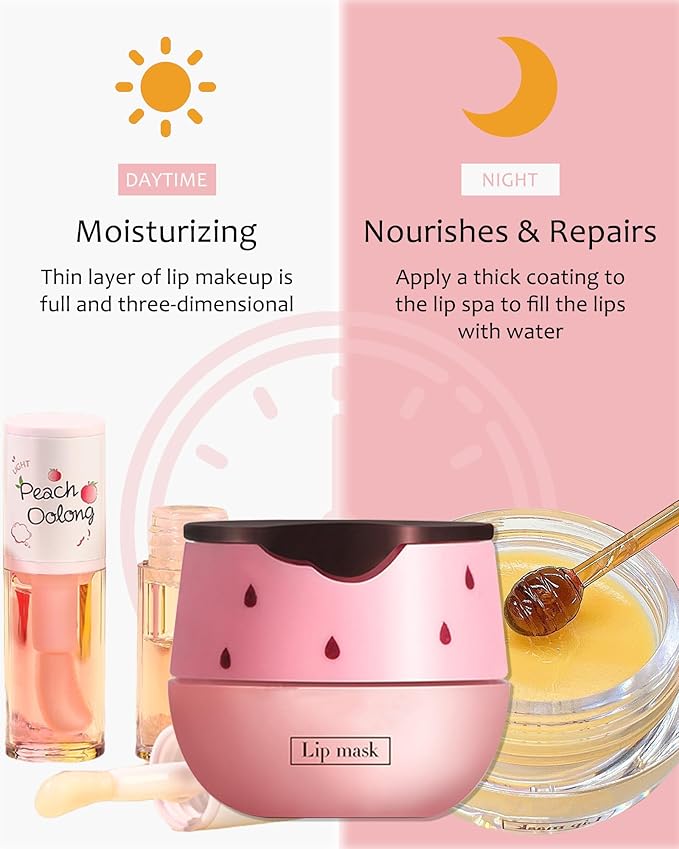 2Pcs Watermelon Lip Balm Honey Pot Lip Mask & Lip Glowy Oil Lip Care Set, Propolis Moisturizing & Nourish Hydrating Lip Gloss Repair, Reduce Lip Line & Plump Dry Cracked Lip Scrub Exfoliator -Set C