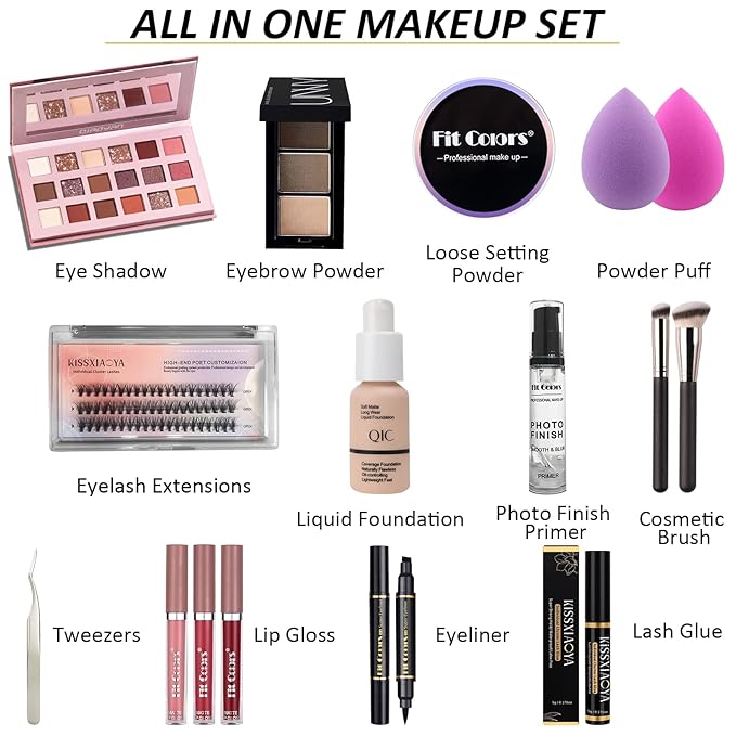 All In One Makeup Essential Starter Kit for Beginners or Pros, 18 Colors Naked Eyeshadow Palette Nude Face Primer, Brush, Sponge, Eyebrow Powder, Winged Eyeliner Stamp (SetA)