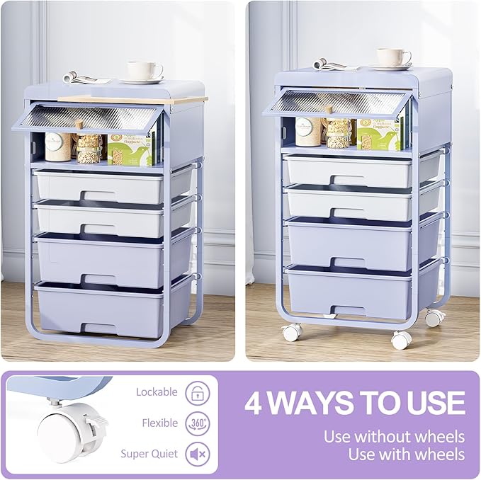 Utility-Rolling-Storage-Drawer-Craft-Cart-Organizers with 4 Drawers & Dust-Proof Door for Kid Craft Art Room,Bedroom,Home Office, Lavender Purple