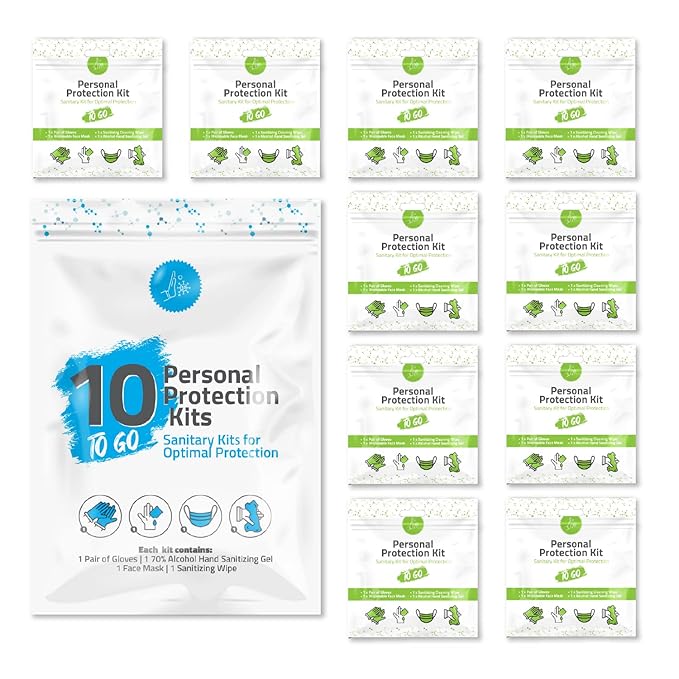 Personal Protection Kit TO GO, Mini 4 Item PPE Kit for travel and school | Includes 1 Each of Face Covering, Gloves, Cleansing Wipes & Hand Cleansing Gel | 10 - Pack (Green)